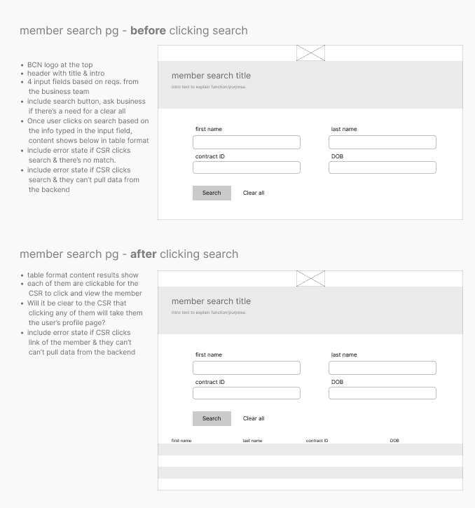 low fidelity UI of the search page user flow