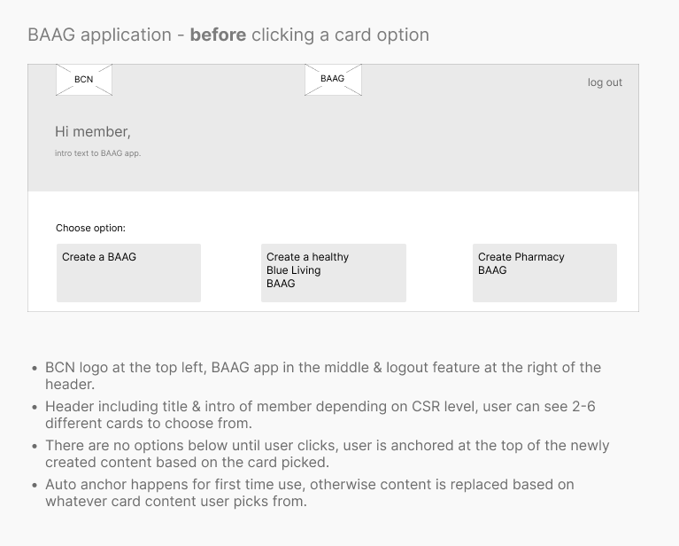 low fidelity UI of BAAG app explaining before users click any of the cards to open information