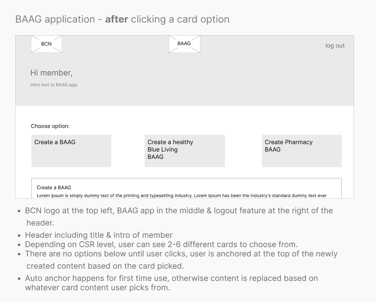 low fidelity UI of BAAG app explaining after users click any of the cards to open information