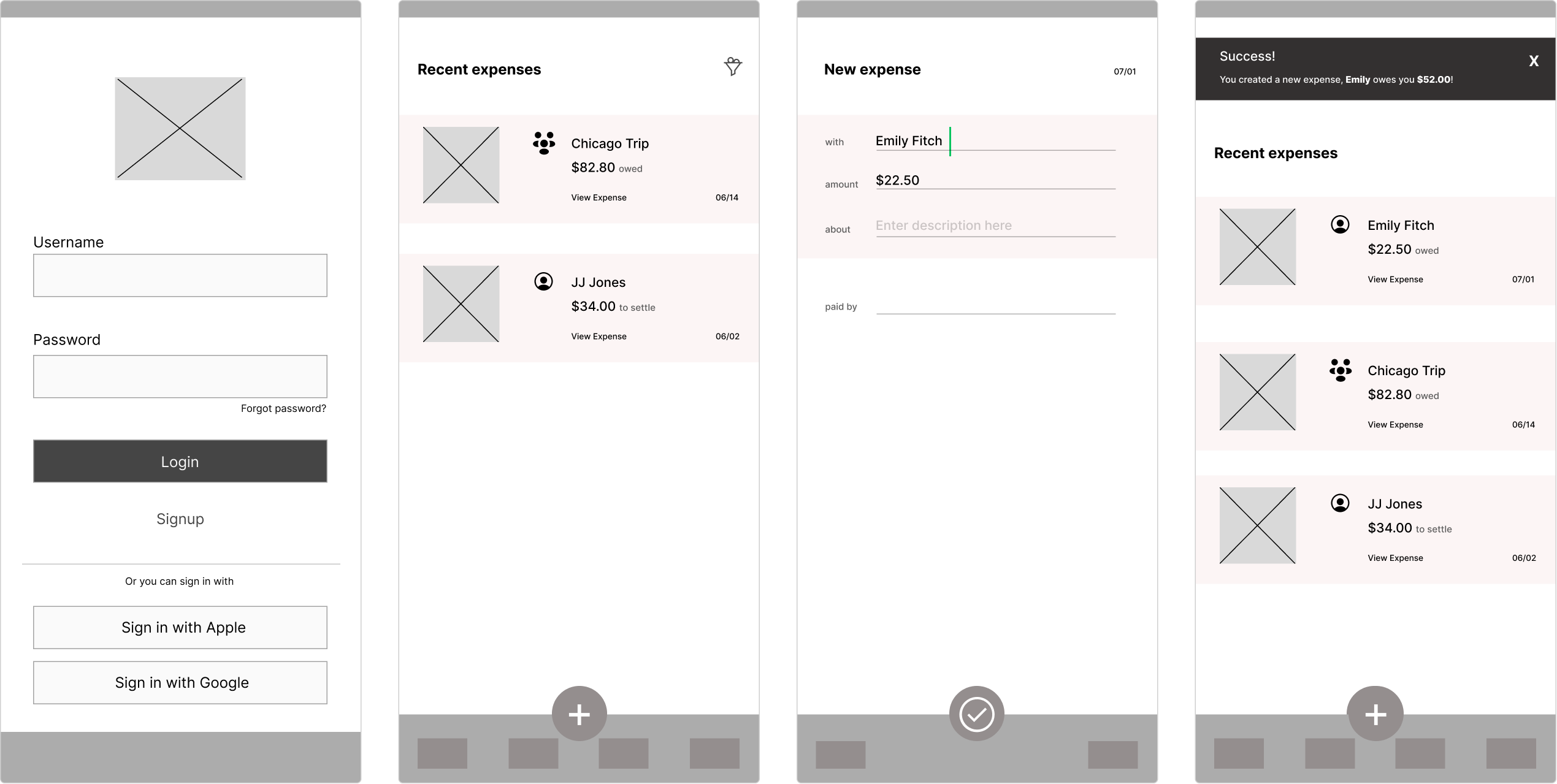 we pay wireframes of four different screens